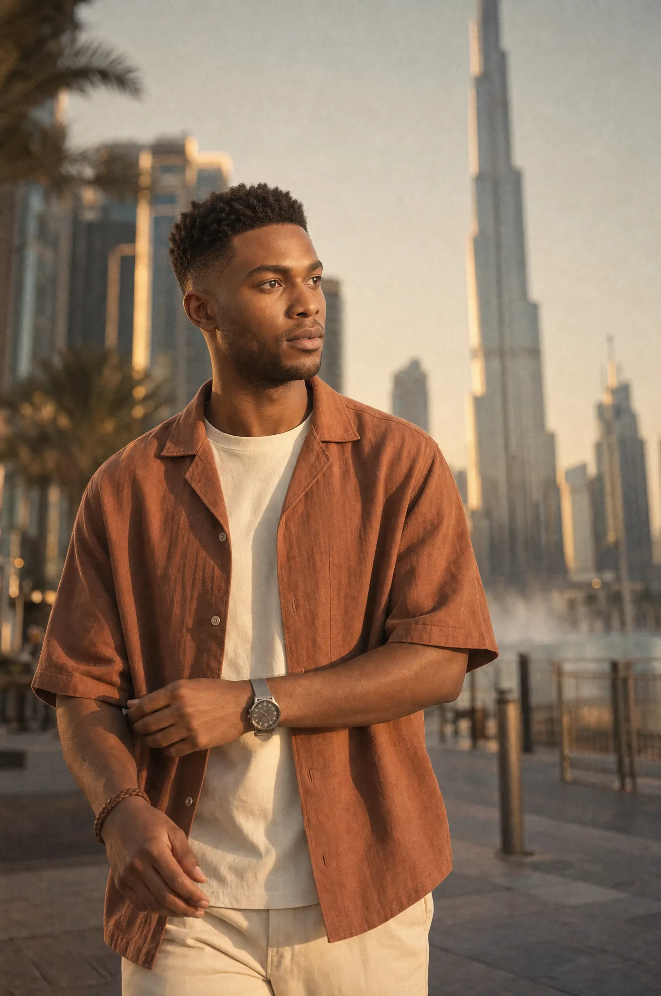 A student in Dubai, the city skyline behind