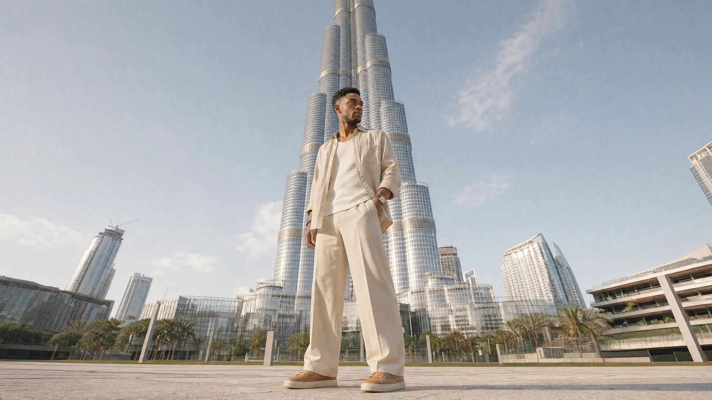 A student standing before the Burj Khalifa in Dubai — Bada Global Study Dubai